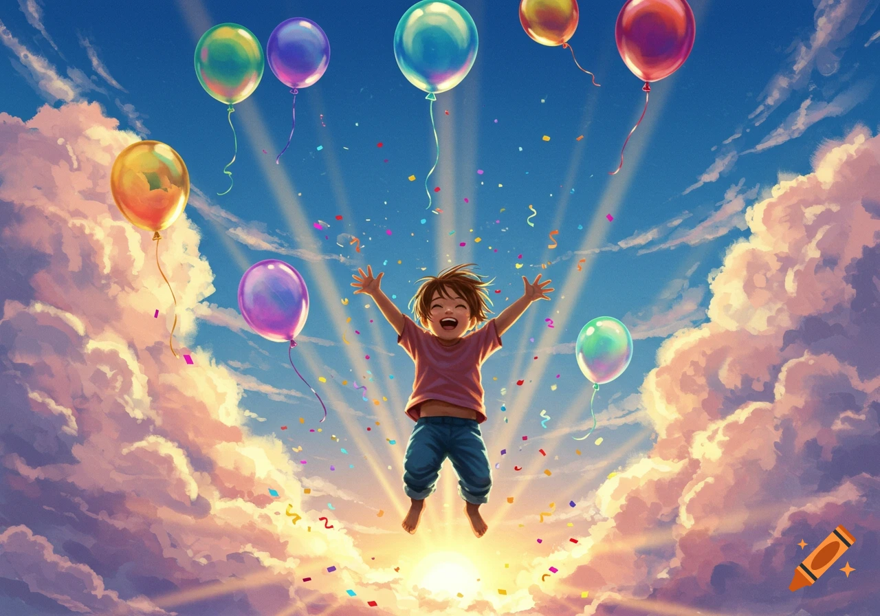 A joyful child jumps in the sky with colorful balloons, confetti, clouds, and bright sunrays, digital illustration.