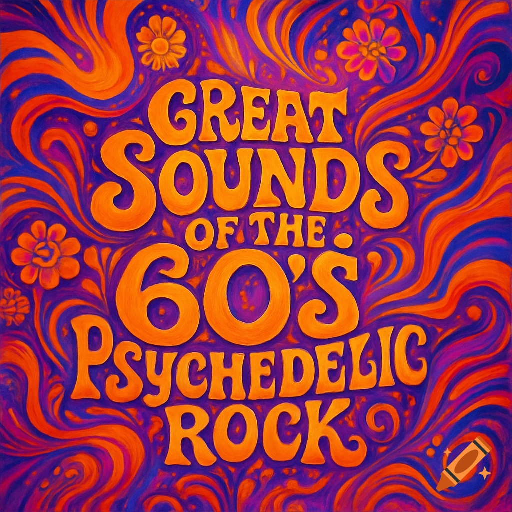 Psychedelic art with orange text "GREAT SOUNDS OF THE 60'S PSYCHEDELIC ROCK" on a vibrant purple and orange swirling background.