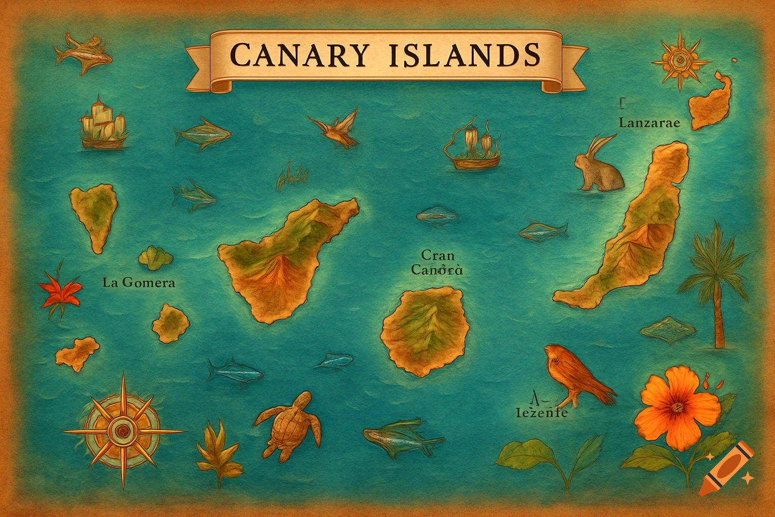 A stylized, old-world map of the Canary Islands with a textured look, showing the islands, ships, animals, and compass roses.