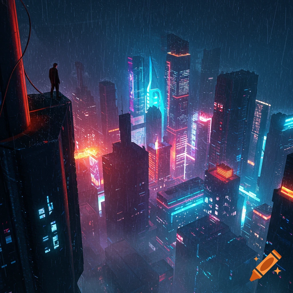 A man stands on a skyscraper rooftop, looking out over a neon-lit cyberpunk city at night in heavy rain.