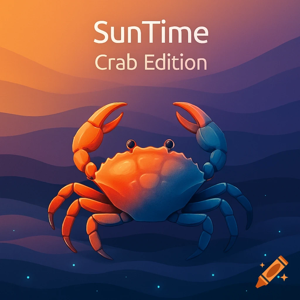 A stylized orange and blue crab illustration on a wavy orange and blue gradient background with "SunTime Crab Edition" text.