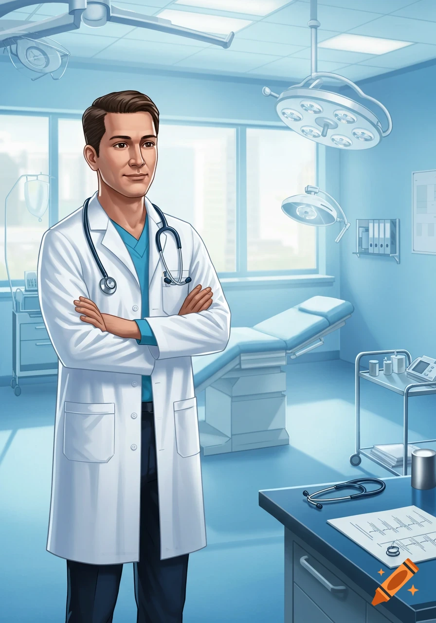 An illustrated male doctor in a white coat and stethoscope stands with crossed arms in a bright blue medical examination room.