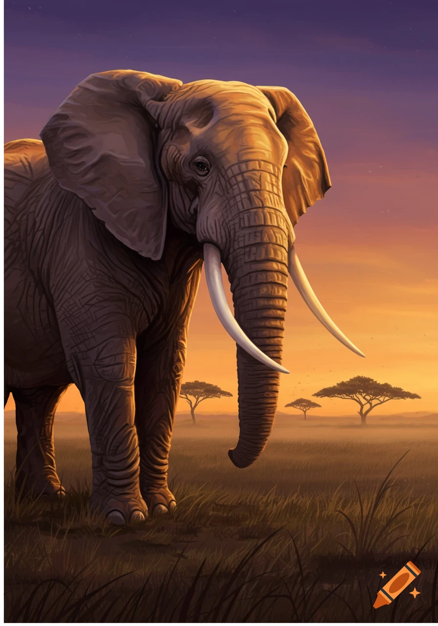 An elephant stands in a grassy savanna at sunset, illustrated in warm purple and orange tones.