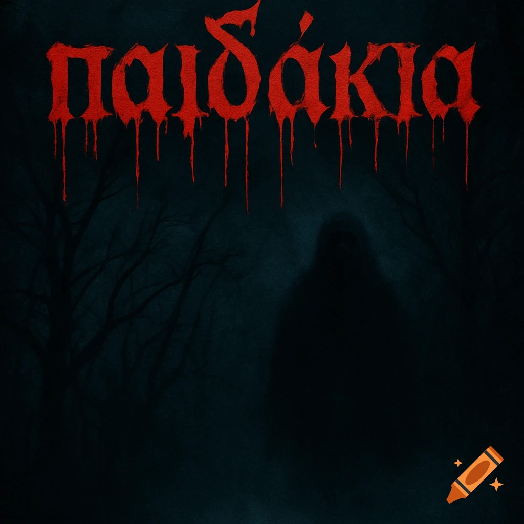 A horror movie poster with the Greek word 'παιδάκια' (paidakia) in dripping red gothic font above a dark, foggy forest with a silhouetted figure.