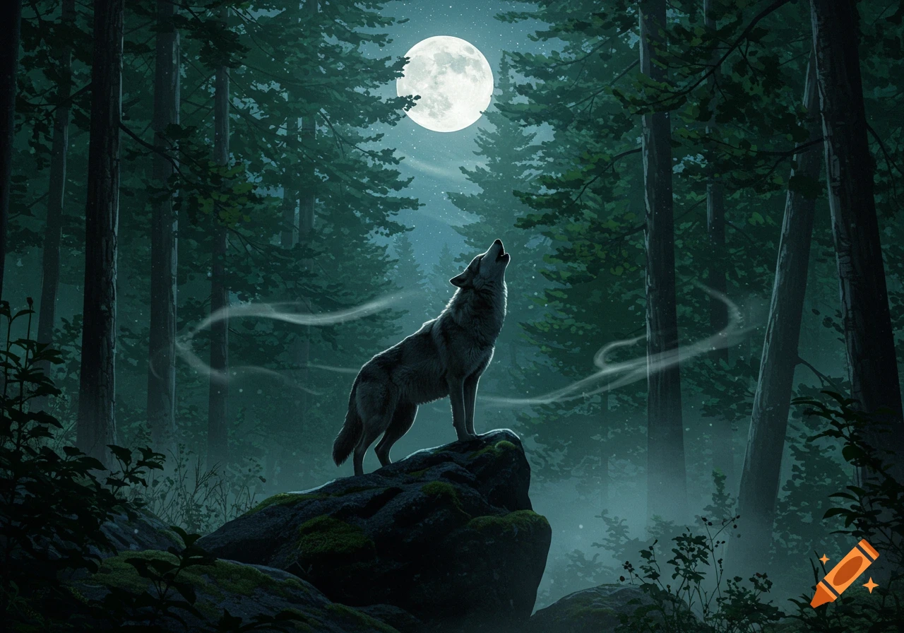 A wolf stands on a mossy rock in a dark forest, howling at a bright full moon, with mist swirling around.