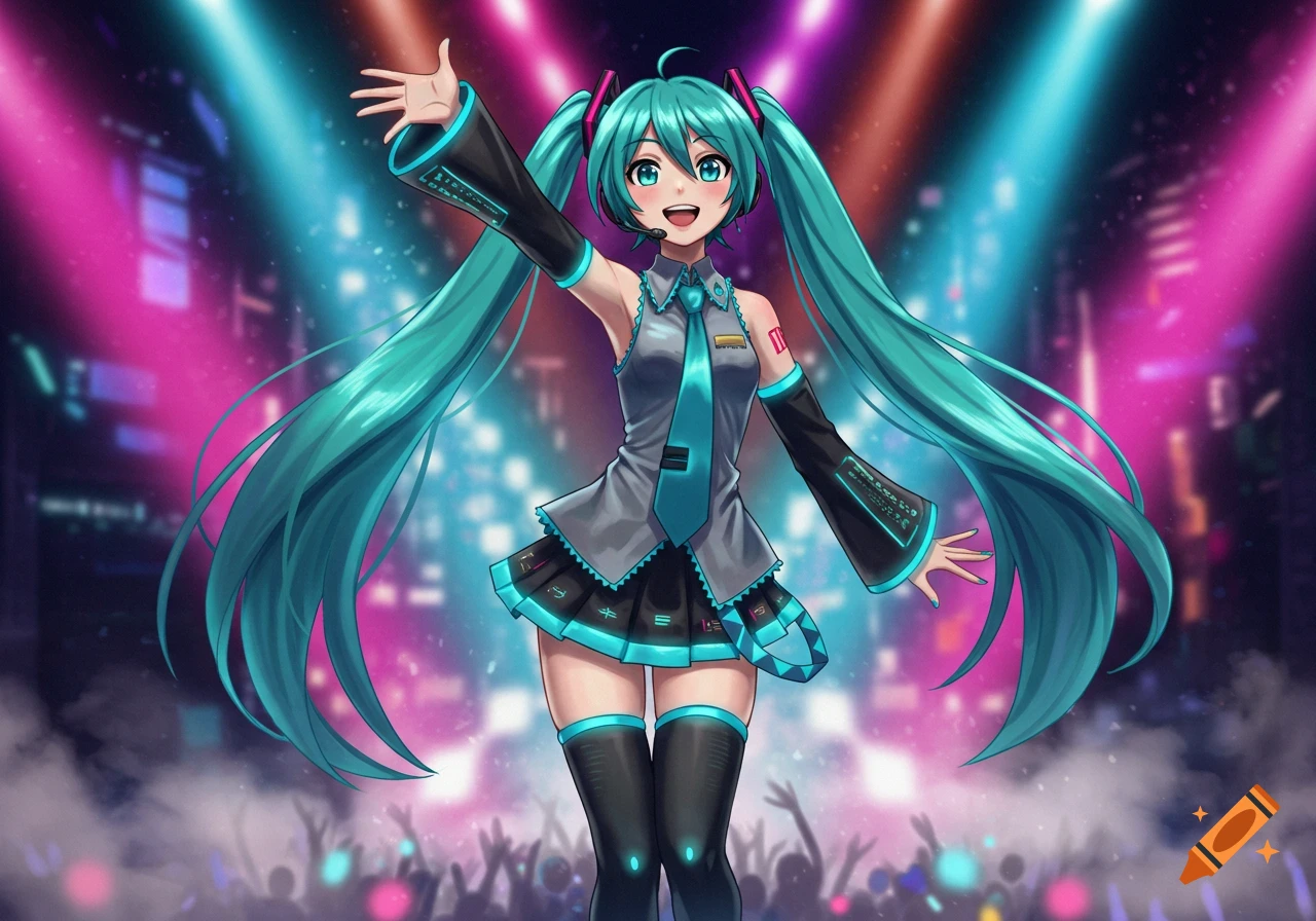 Hatsune Miku with long teal pigtails, wearing her signature grey and teal outfit, performs on a stage with bright pink and blue spotlights. She smiles and waves to an unseen crowd.
