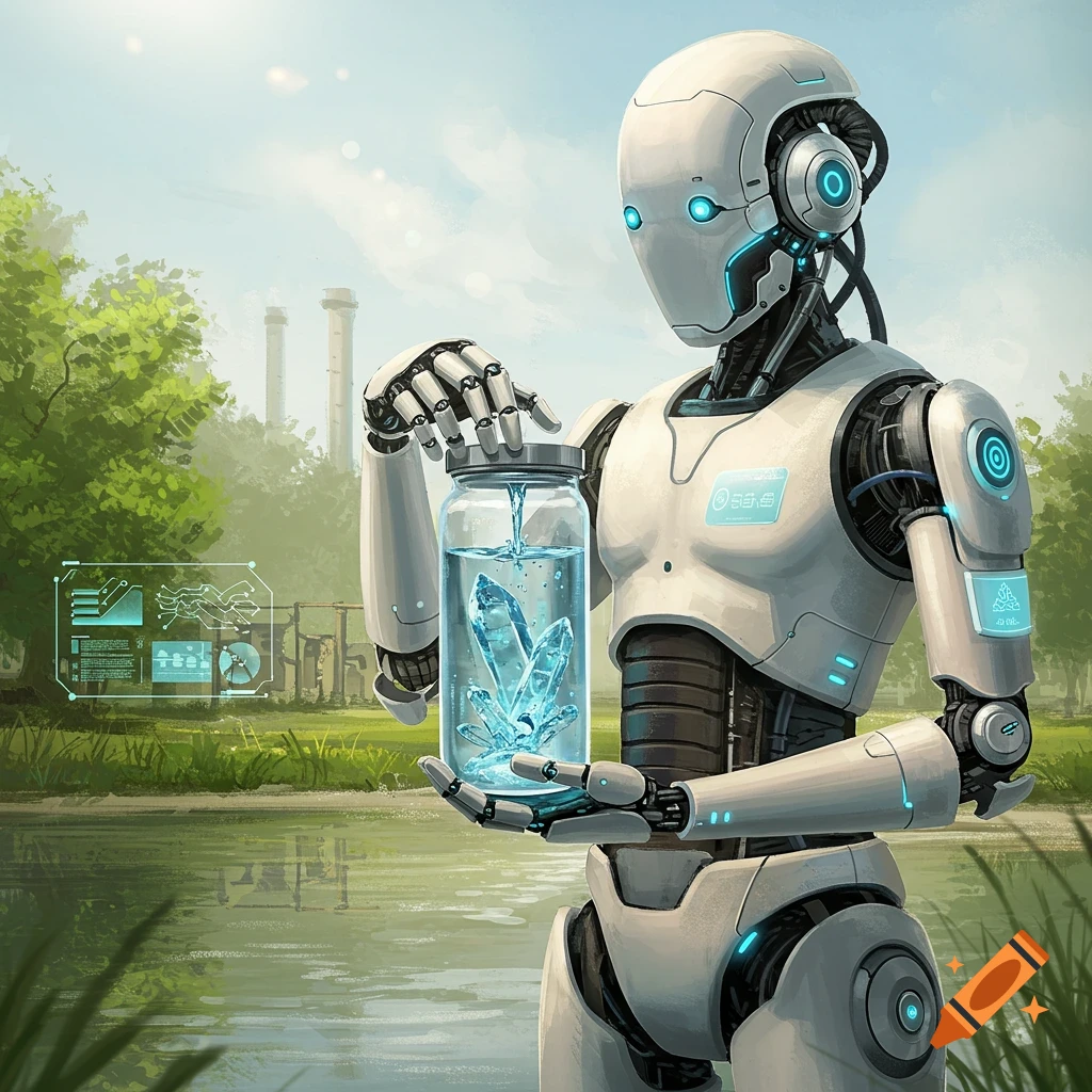 A white robot with glowing blue accents holds a jar of water with blue crystals, standing by a river in a lush, green landscape with industrial pipes in the background.