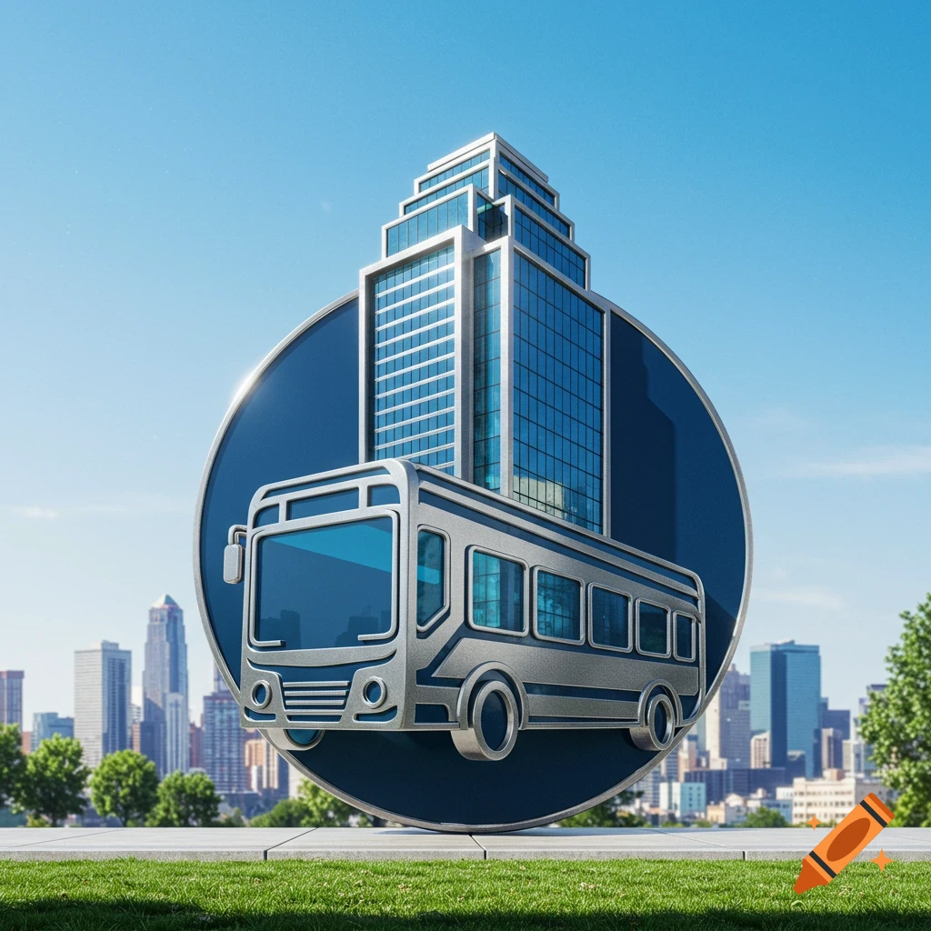 A silver and blue symbol of a bus and a skyscraper inside a blue circle, with a city skyline in the background.