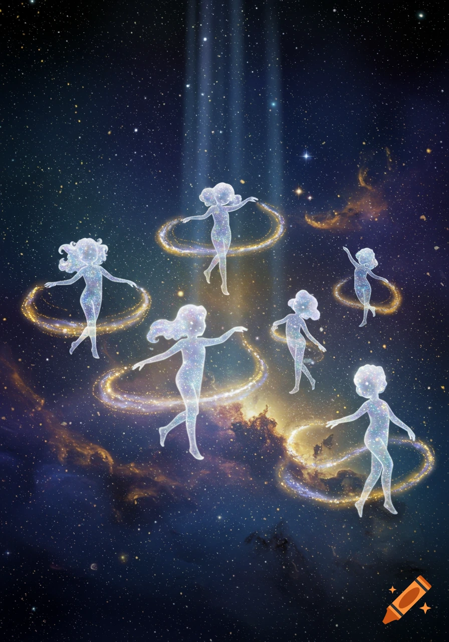 Luminous, star-filled figures resembling children dance with sparkling rings in a dark cosmic sky with nebulae and beams of light.
