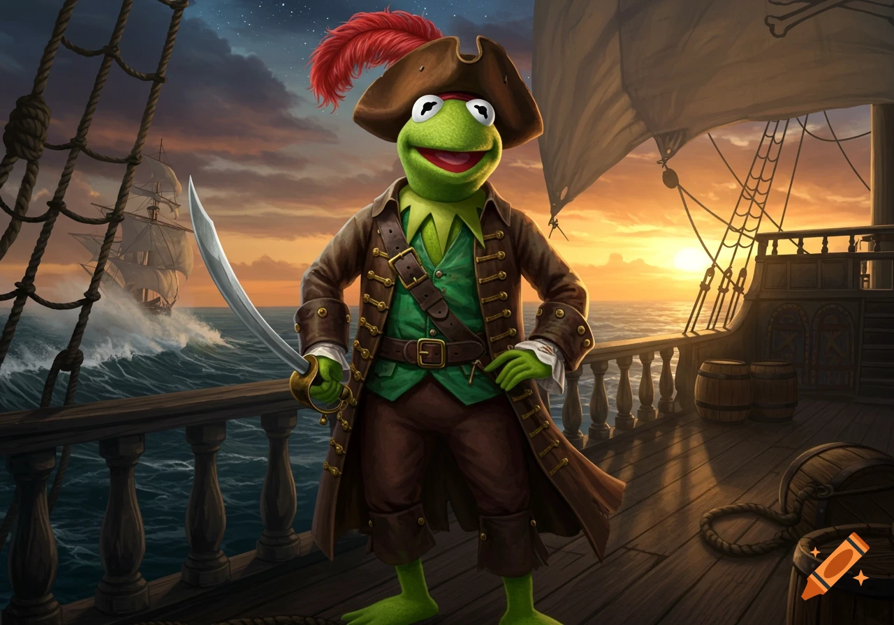 Kermit the Frog dressed as a pirate holding a cutlass on a ship deck at sunset, with another ship in the distance.