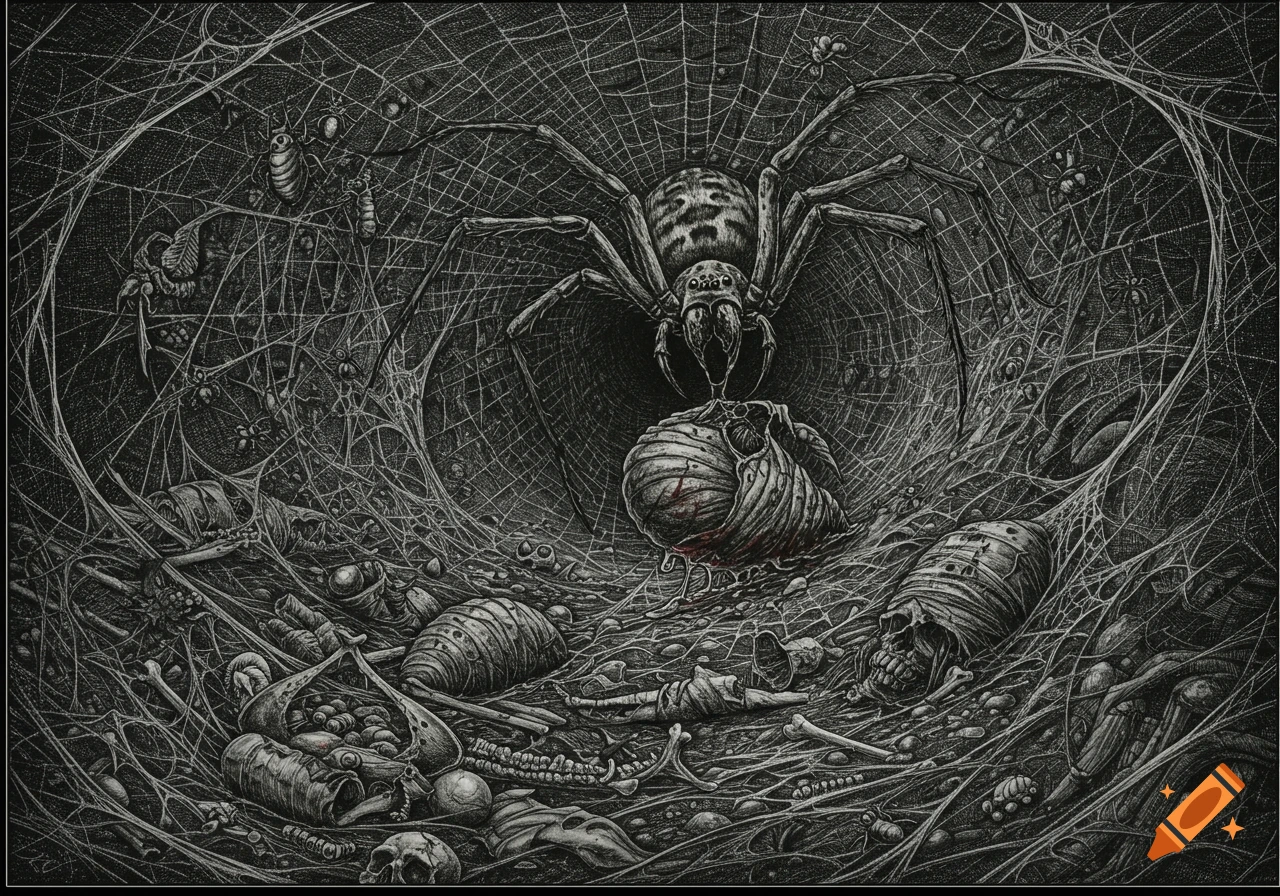 A detailed, dark illustration in pen-and-ink style shows a large spider in its web-filled lair, surrounded by bones, skulls, and cocooned prey.