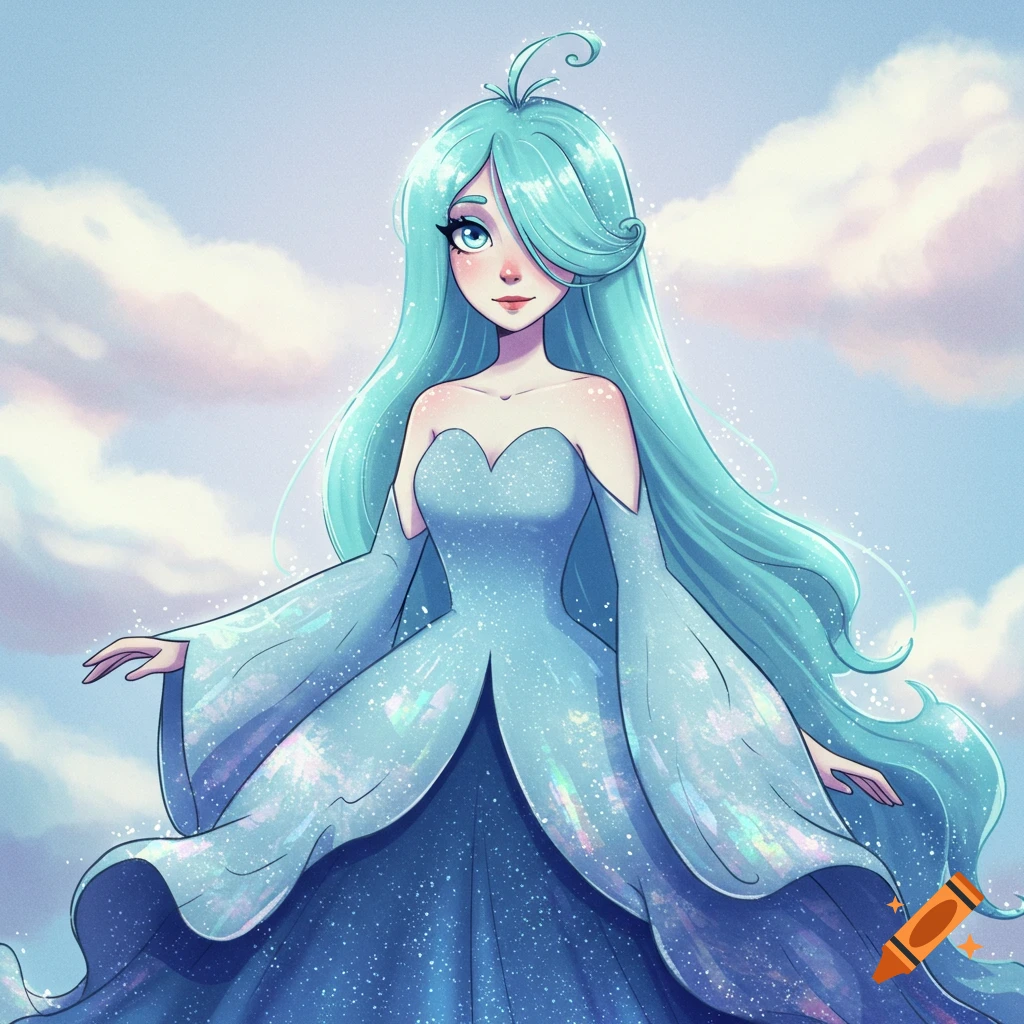 A cartoon woman with long, flowing aqua hair and a sparkling, iridescent blue dress stands against a cloudy sky.