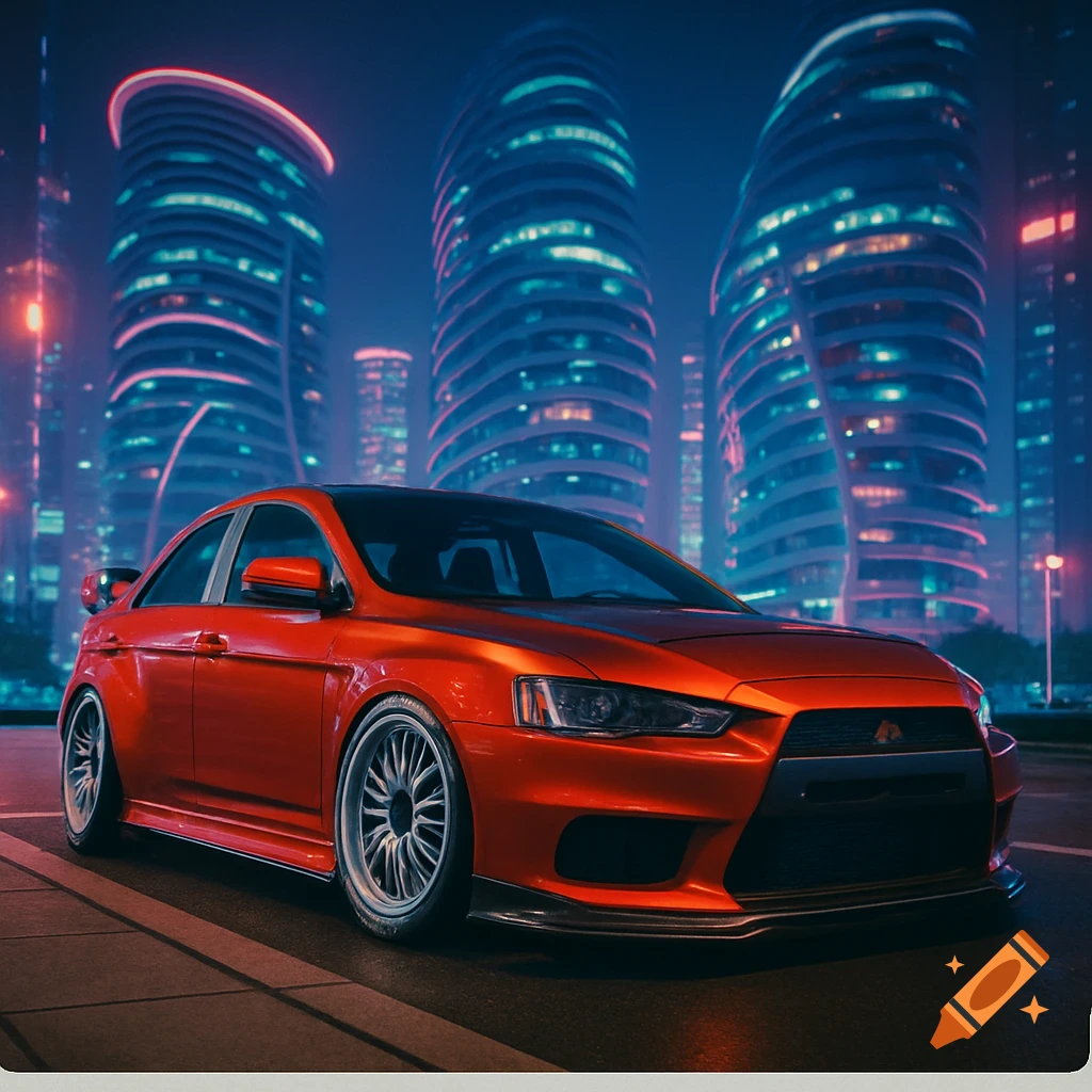 A vibrant red custom Mitsubishi car parked at night in front of futuristic cyberpunk city skyscrapers, cinematic.