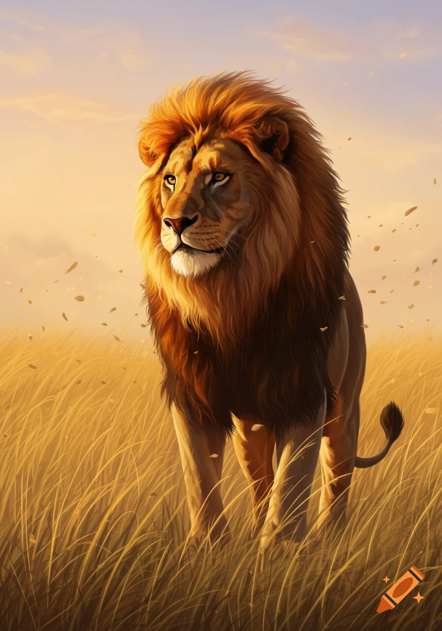 A majestic lion with a golden mane stands in a tall grassy field at sunset, looking left.