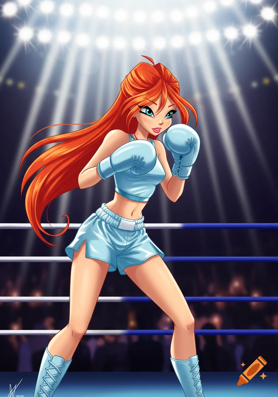 Bloom from Winx Club in a light blue boxing outfit, defensive stance, in a lit boxing ring, anime style.