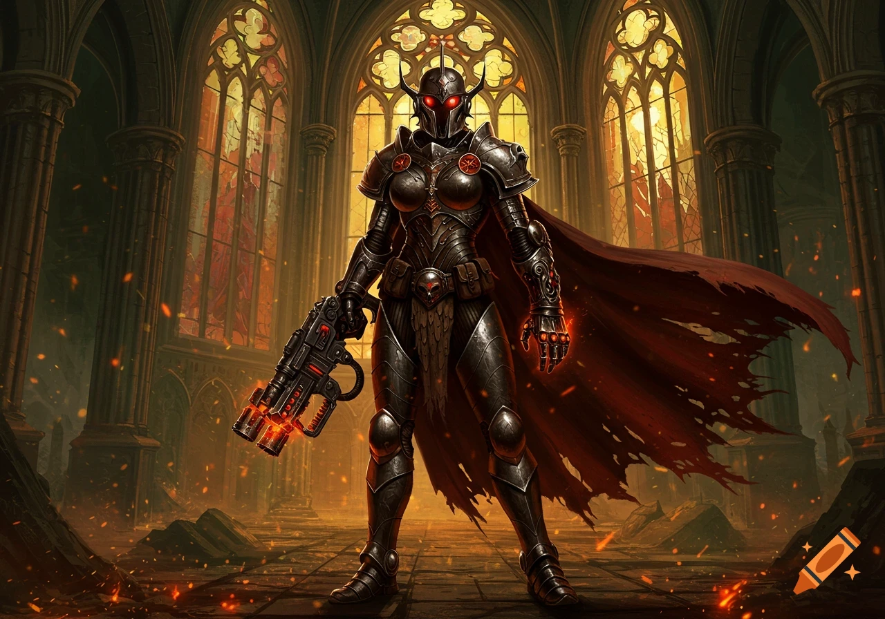 A dark fantasy female warrior in ornate black armor and a tattered red cape, holding a glowing gun in a ruined cathedral.
