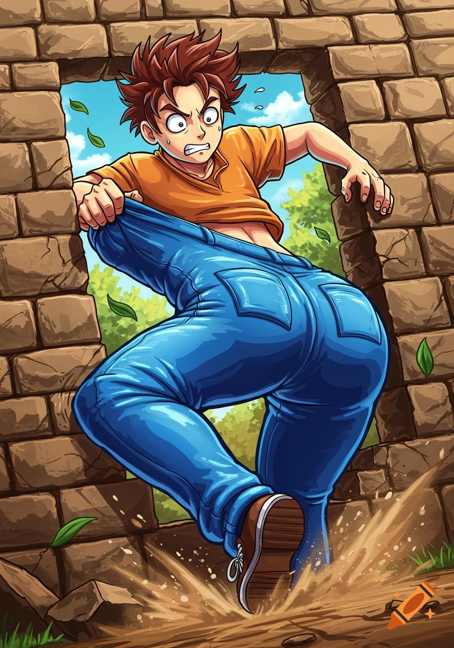 An anime guy with spiky brown hair and an orange shirt struggles to crawl through a brick wall, his blue jeans caught and slipping down.
