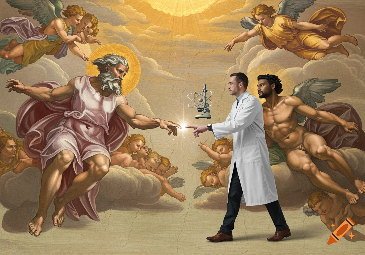 A modern interpretation of 'The Creation of Adam,' with God reaching toward a scientist holding a microscope and a nude man.