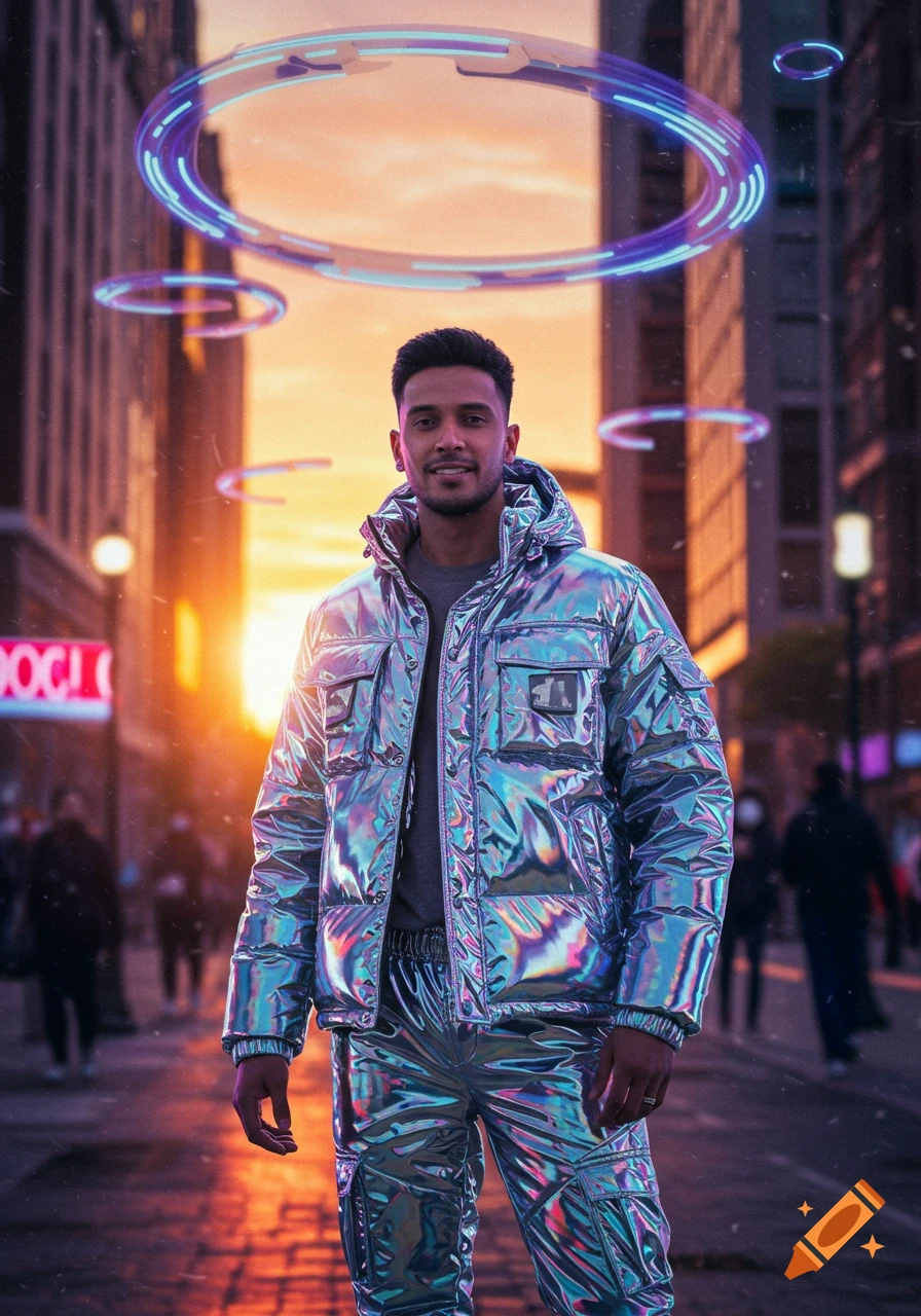 A man in a iridescent puffer suit stands on a city street at sunset with glowing futuristic rings above, photorealistic.