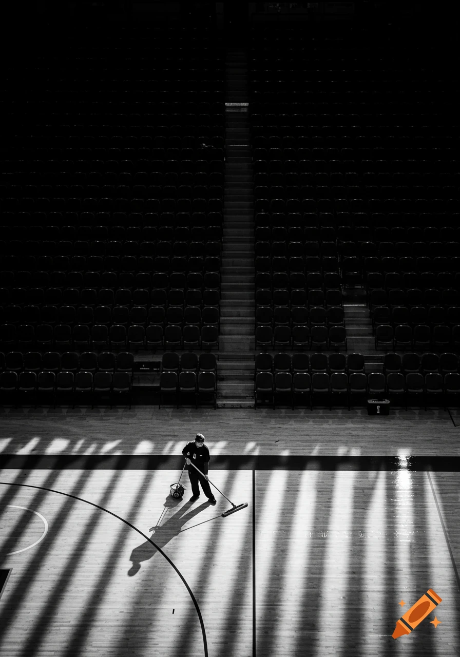 A high-angle, black and white shot of a person mopping a basketball court with rows of empty seats in the dark background.