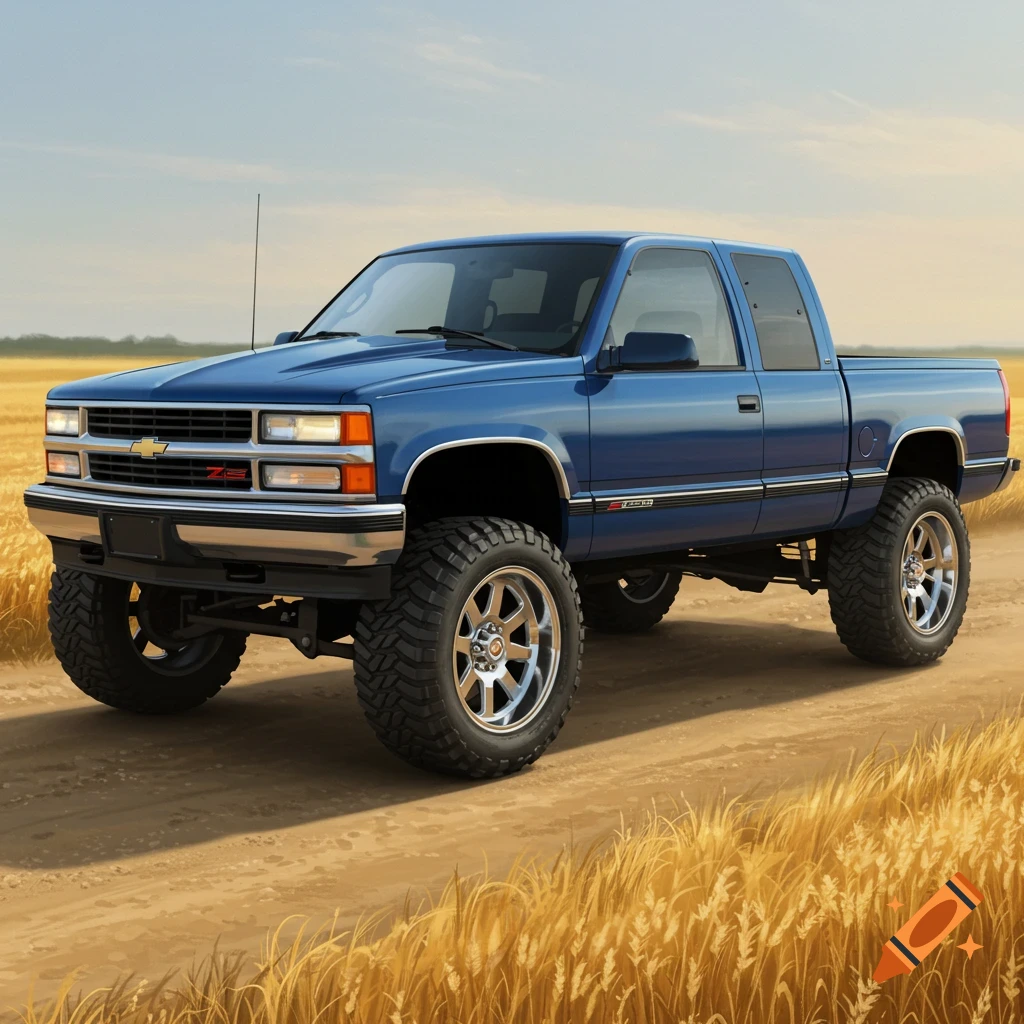 A photorealistic blue 1998 Chevy Silverado Z71 pickup truck with a lift kit and chrome trim on a dirt road through a wheat field.