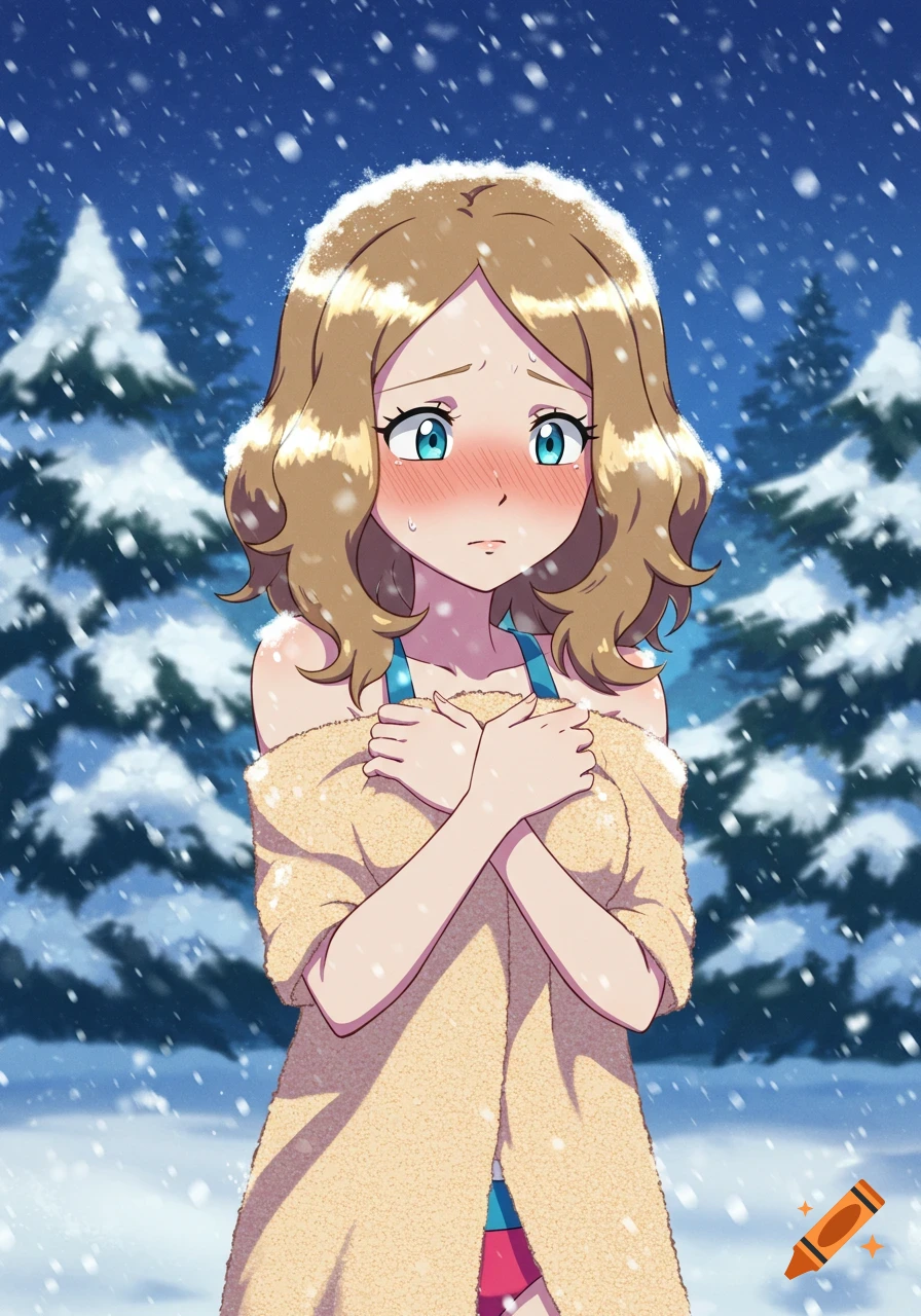 Anime girl Serena from Pokemon in a swimsuit wrapped in a blanket, shivering in a snowy forest.