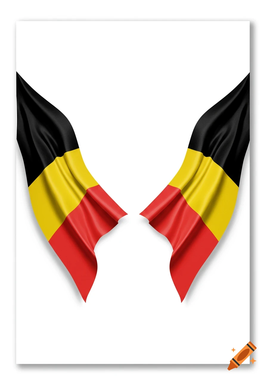 Two wavy Belgian flags with vertical black, yellow, and red stripes, symmetrically arranged on a white background.