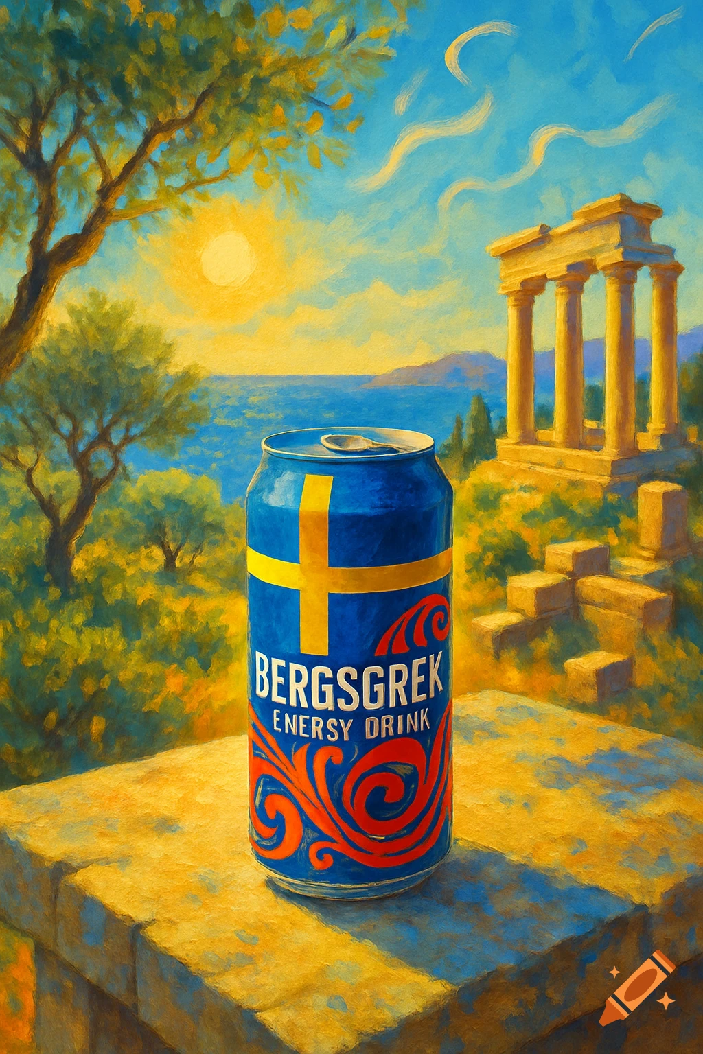 Painterly blue energy drink can labeled 'BERGSGREK ENERSY DRINK' on a stone ledge. Sunny Mediterranean landscape with sea, trees, and ruins.