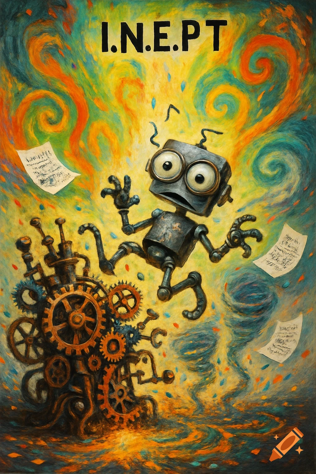 A wide-eyed, confused cartoon robot floats above gears and swirling brushstrokes of vibrant orange, yellow, and blue, with "I.N.E.P.T" at the top in a painterly style.