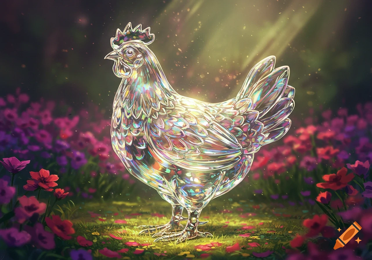 A shimmering, iridescent glass chicken stands in a sunlit field of red and purple flowers, with light rays filtering down.