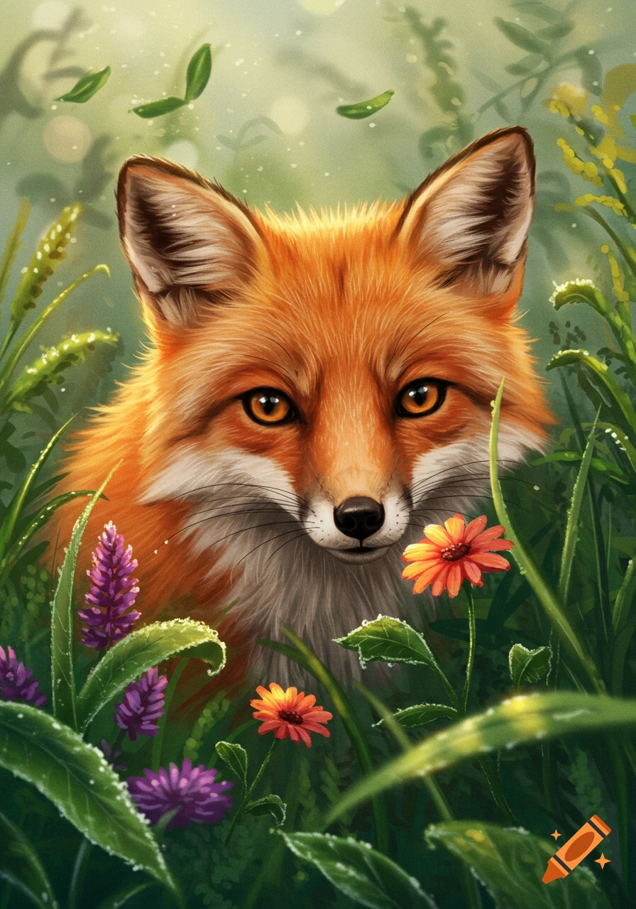 A close-up, illustrative portrait of a fluffy orange fox with warm eyes peering through vibrant green foliage and colorful wildflowers.