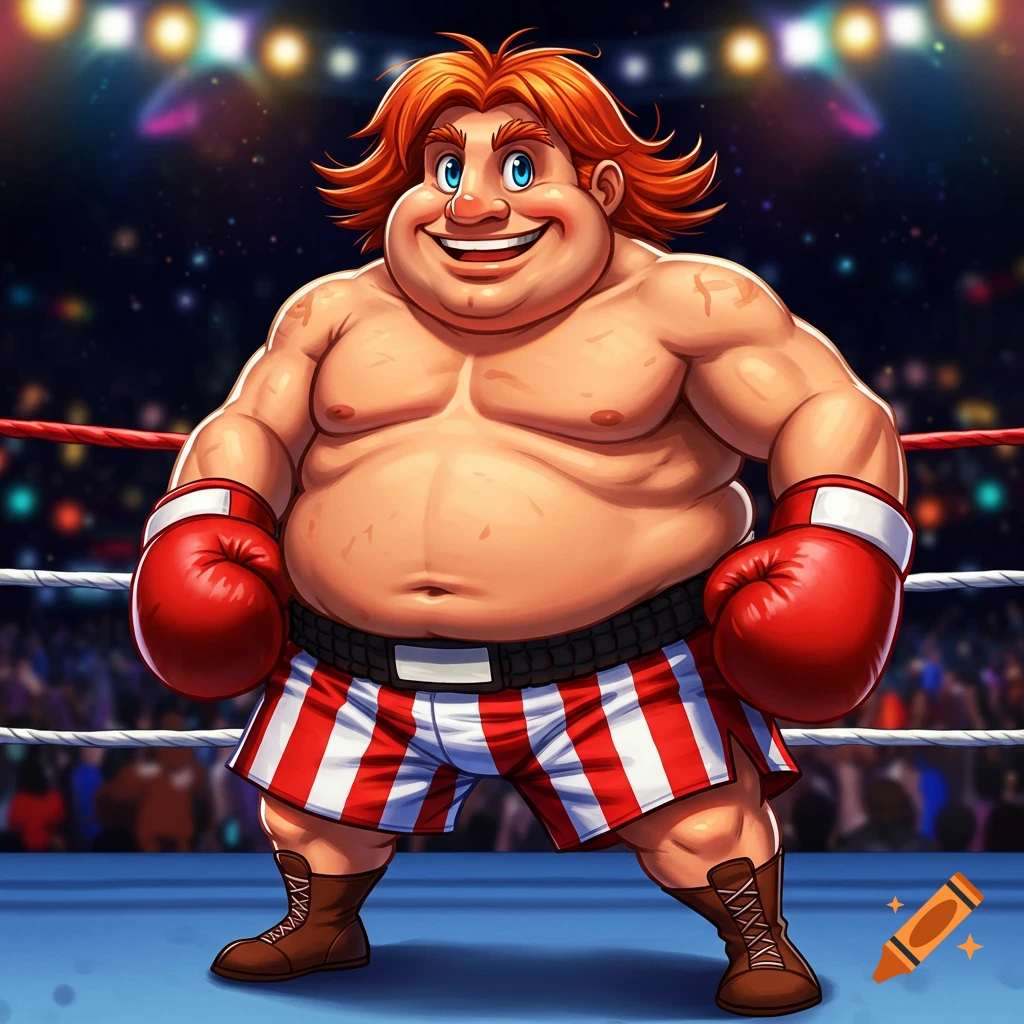 A cartoon fat ginger boxer in red gloves and striped shorts stands in a boxing ring.