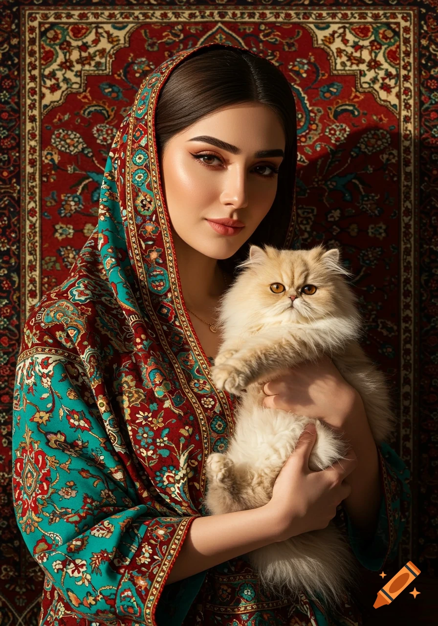 A young Iranian woman in patterned traditional attire holds a fluffy Persian cat against a red Persian carpet background, photorealistic style.