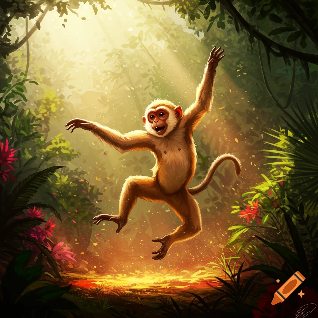 A playful monkey leaps with outstretched arms in a vibrant, sun-dappled jungle clearing.