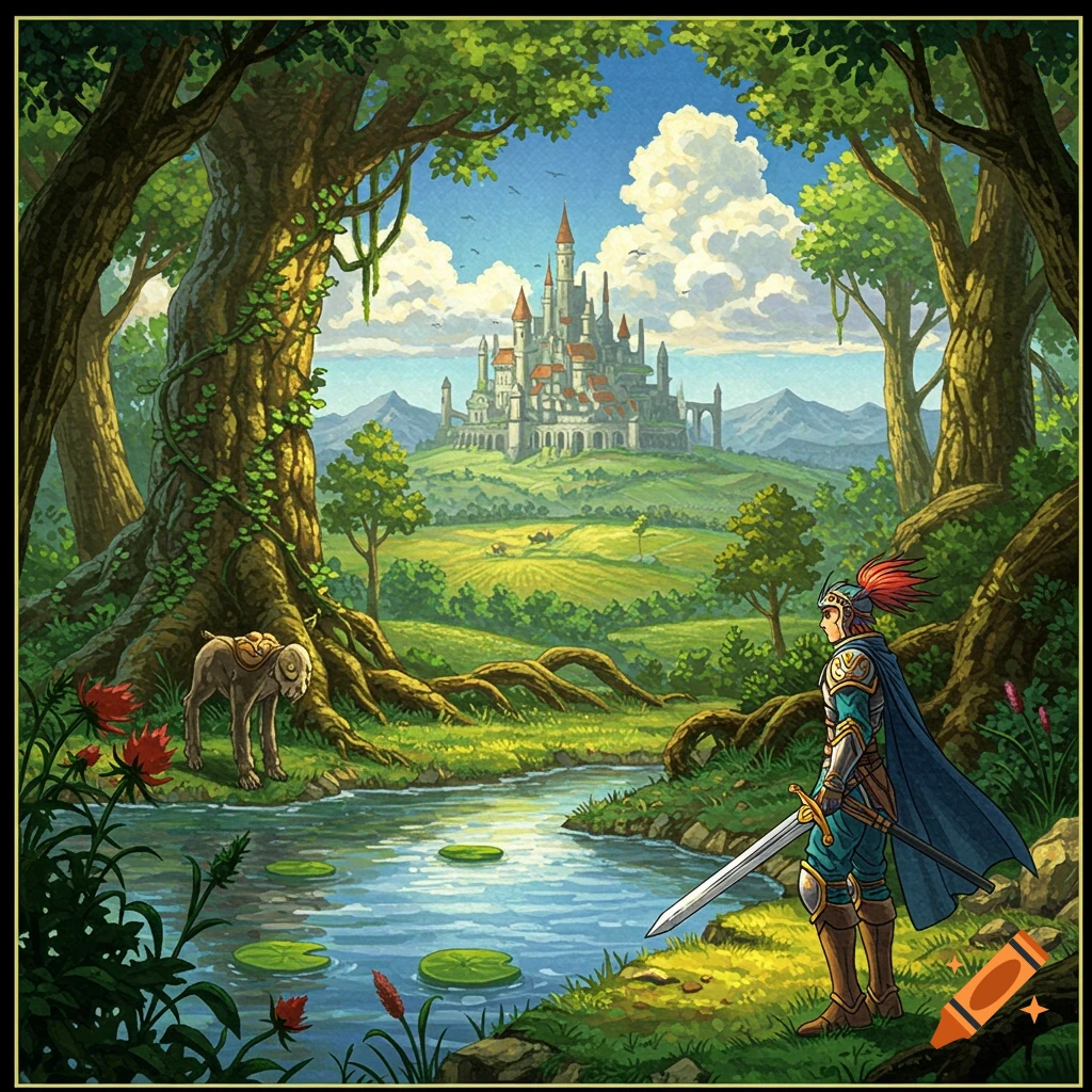 A knight with a sword and a pack animal stand by a river in a lush forest, with a grand fantasy castle on a hill in the background.