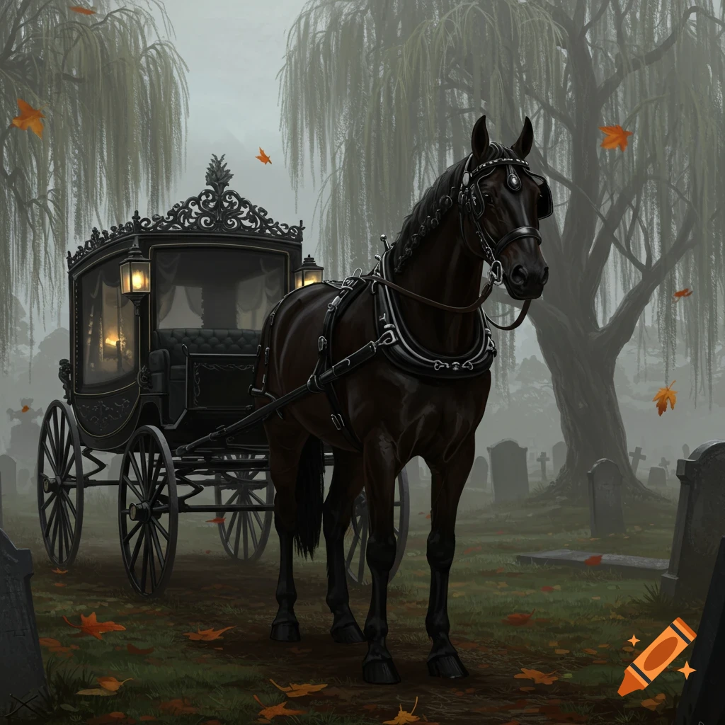 A black horse pulls an ornate hearse through a foggy cemetery with weeping willow trees and fallen leaves.