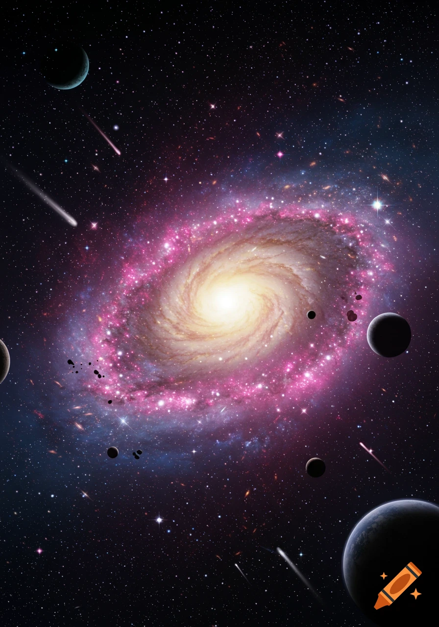 A vibrant pink and yellow spiral galaxy dominates a dark space scene, surrounded by planets, moons, and shooting stars.
