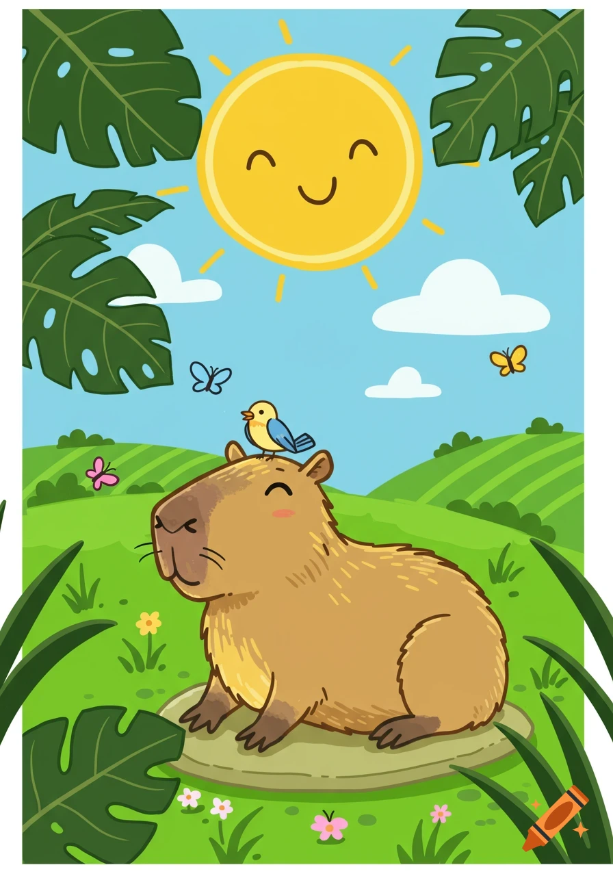A cute cartoon capybara with a bird on its head, sitting in a sunny green field with butterflies and large leaves.