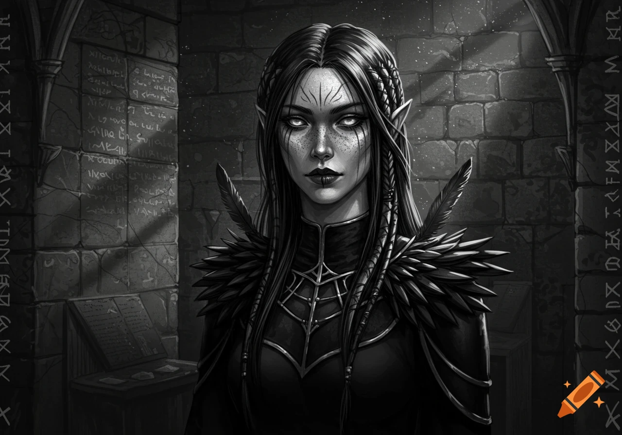 Monochrome illustration of a dark elf cleric with pale skin, long dark hair, feathers, and elaborate black clothing in a stone chamber.