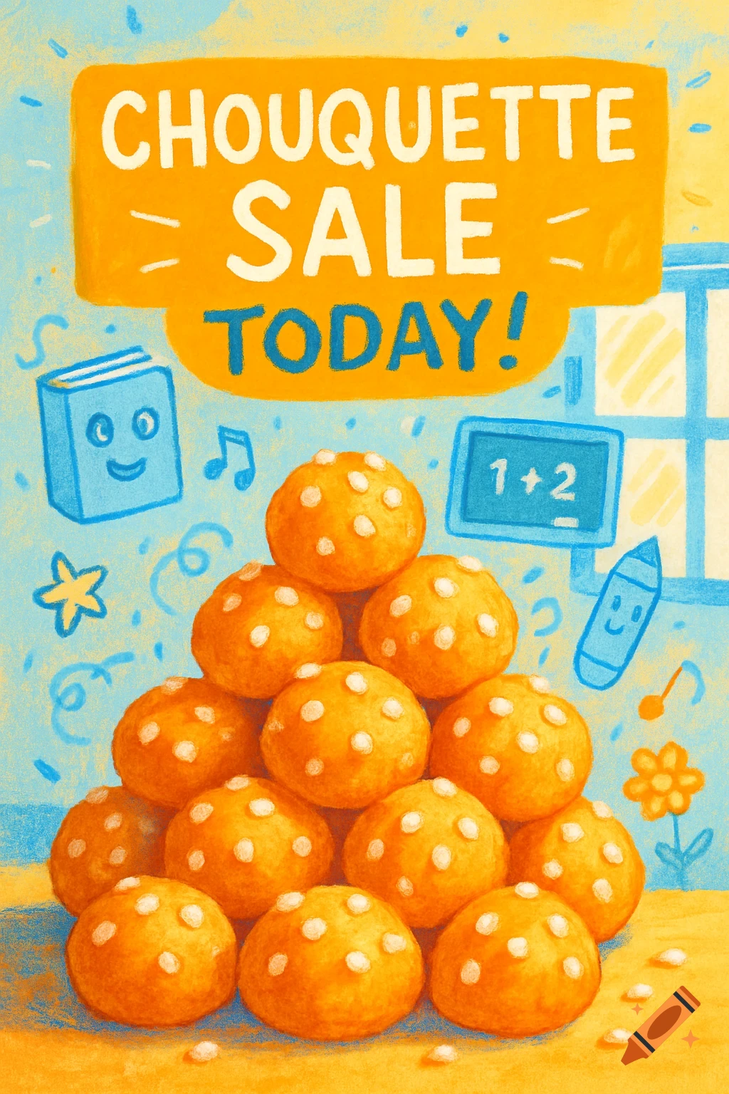 A colorful, cartoonish poster advertising a chouquette sale today, with a pile of chouquettes and school-themed doodles.