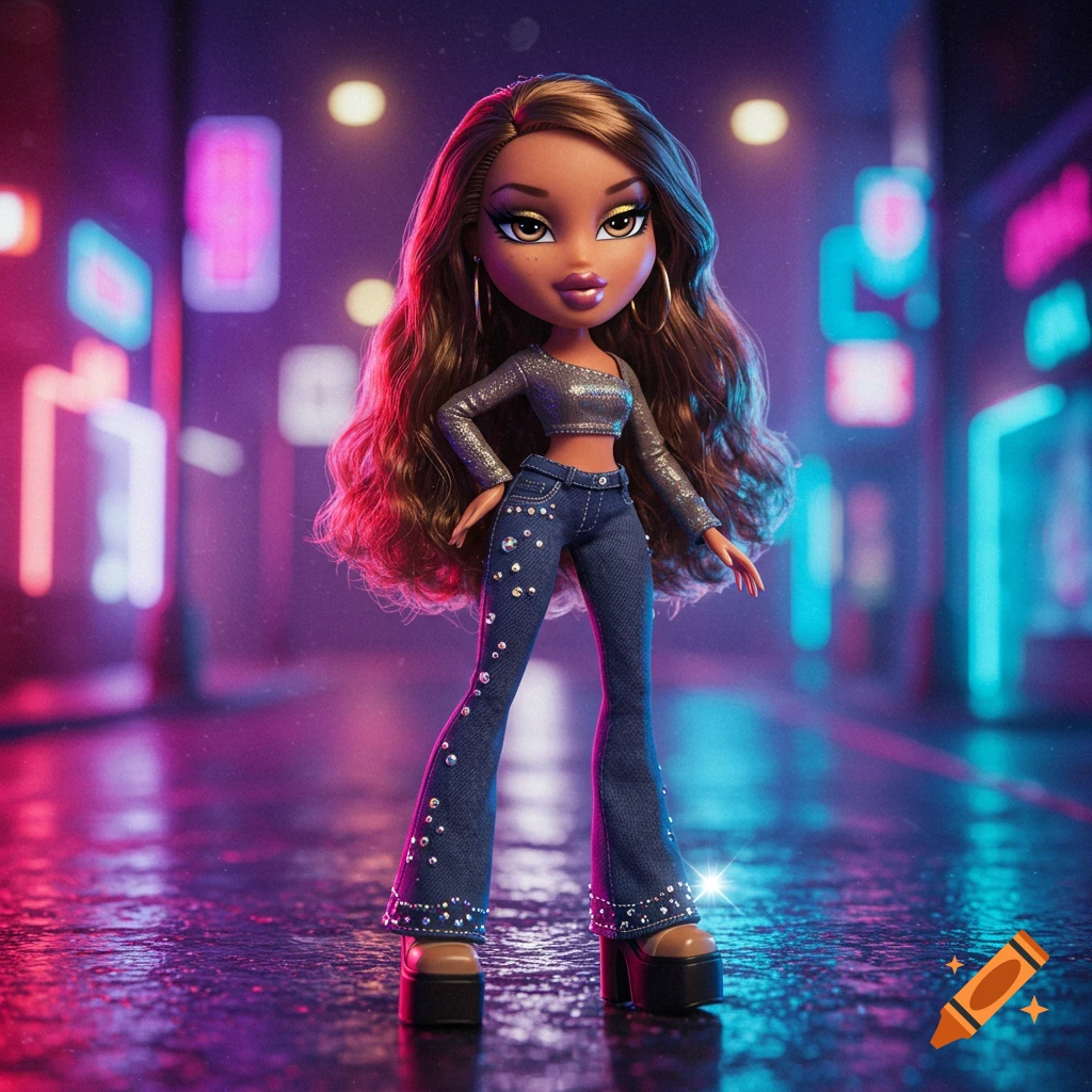 A Bratz doll in a silver crop top and rhinestone jeans, standing on a wet neon-lit urban street.