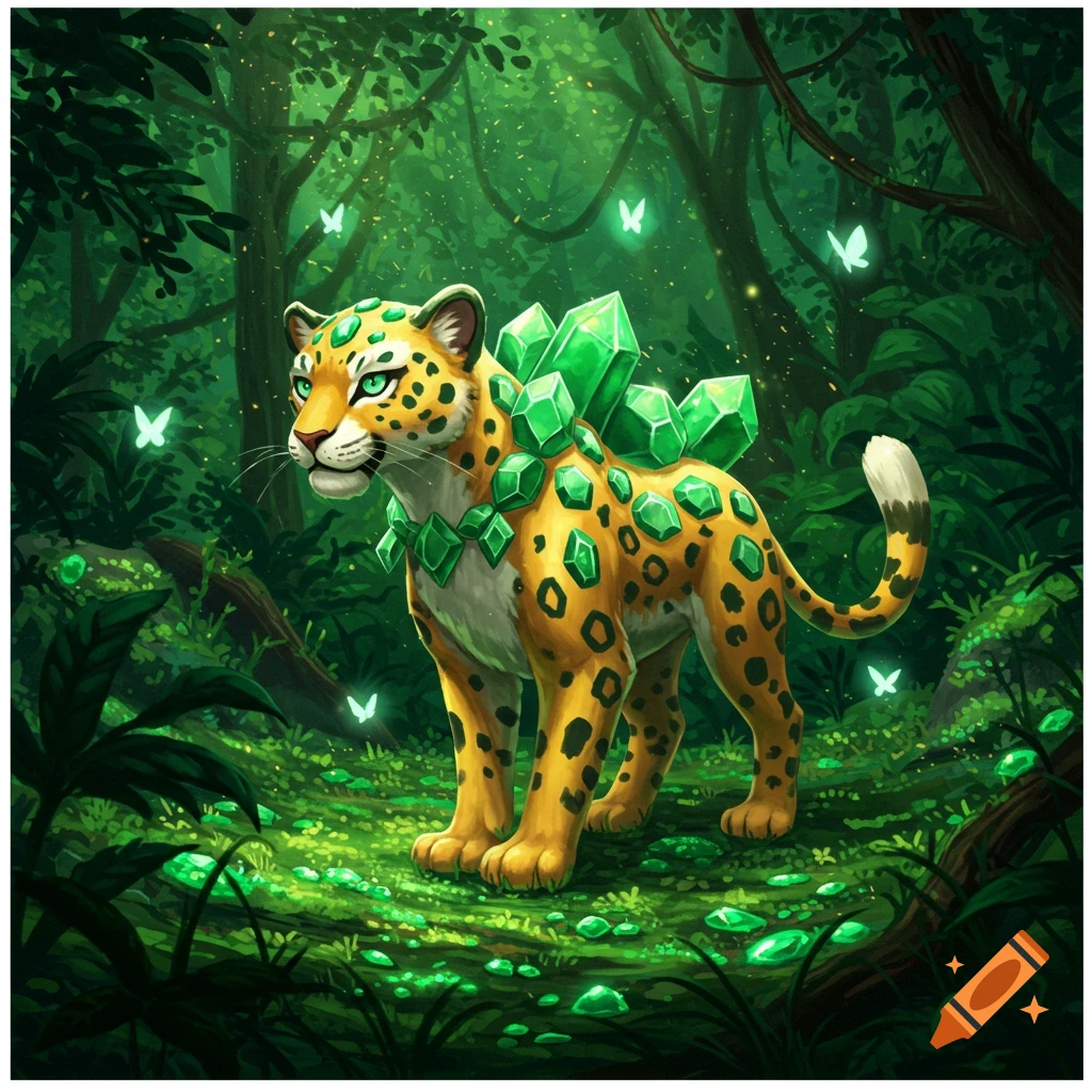 An illustrative image of an emerald-covered leopard-like creature, resembling a Pokemon, in a vibrant green jungle with glowing butterflies.