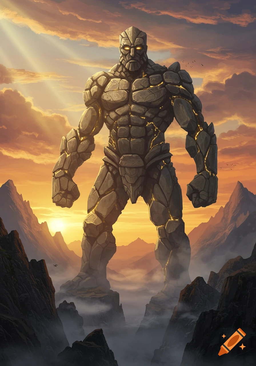 A colossal stone golem with glowing cracks stands amidst misty mountains at a dramatic sunset.