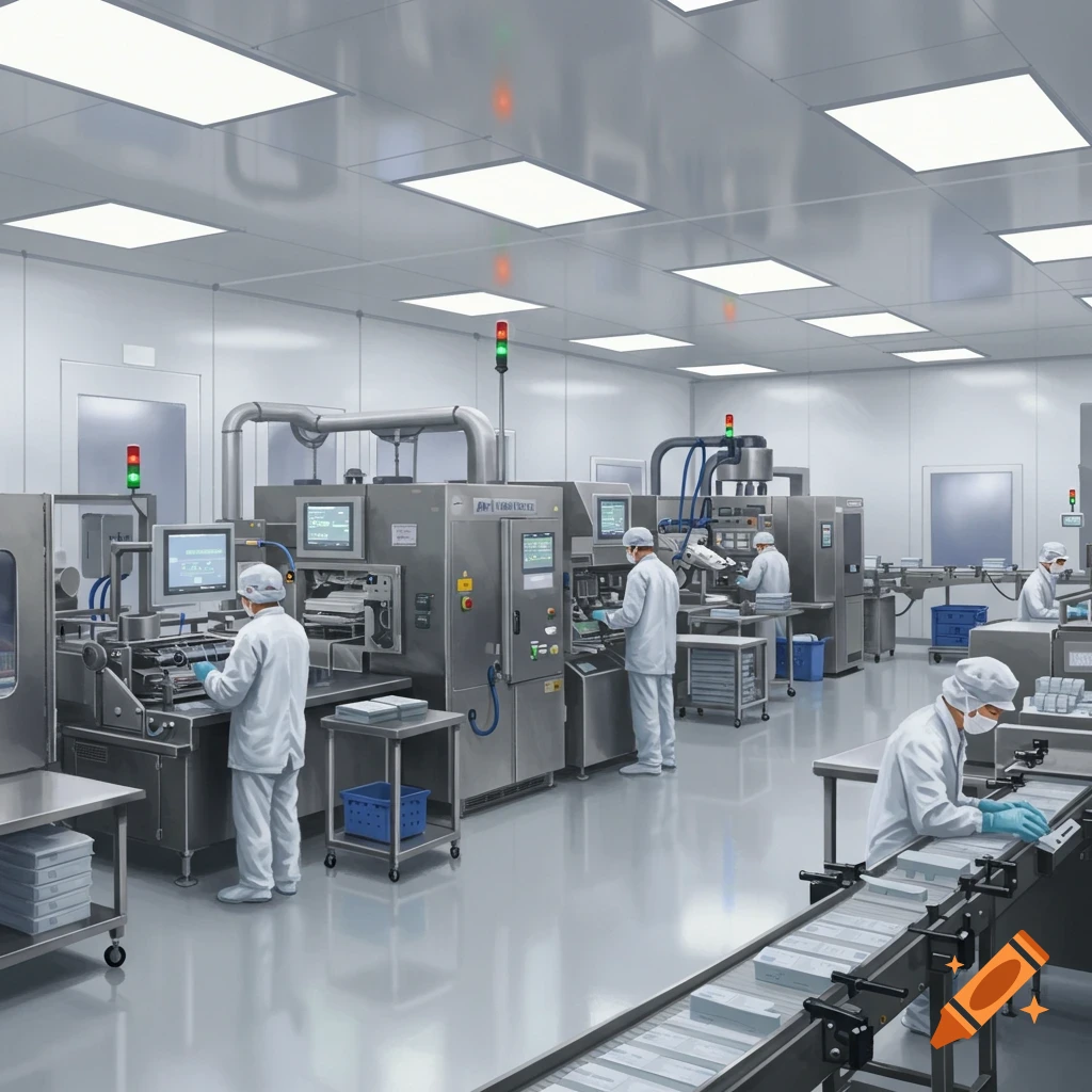 Workers in white cleanroom suits operate machinery on a production line in a bright, modern medical clean room.