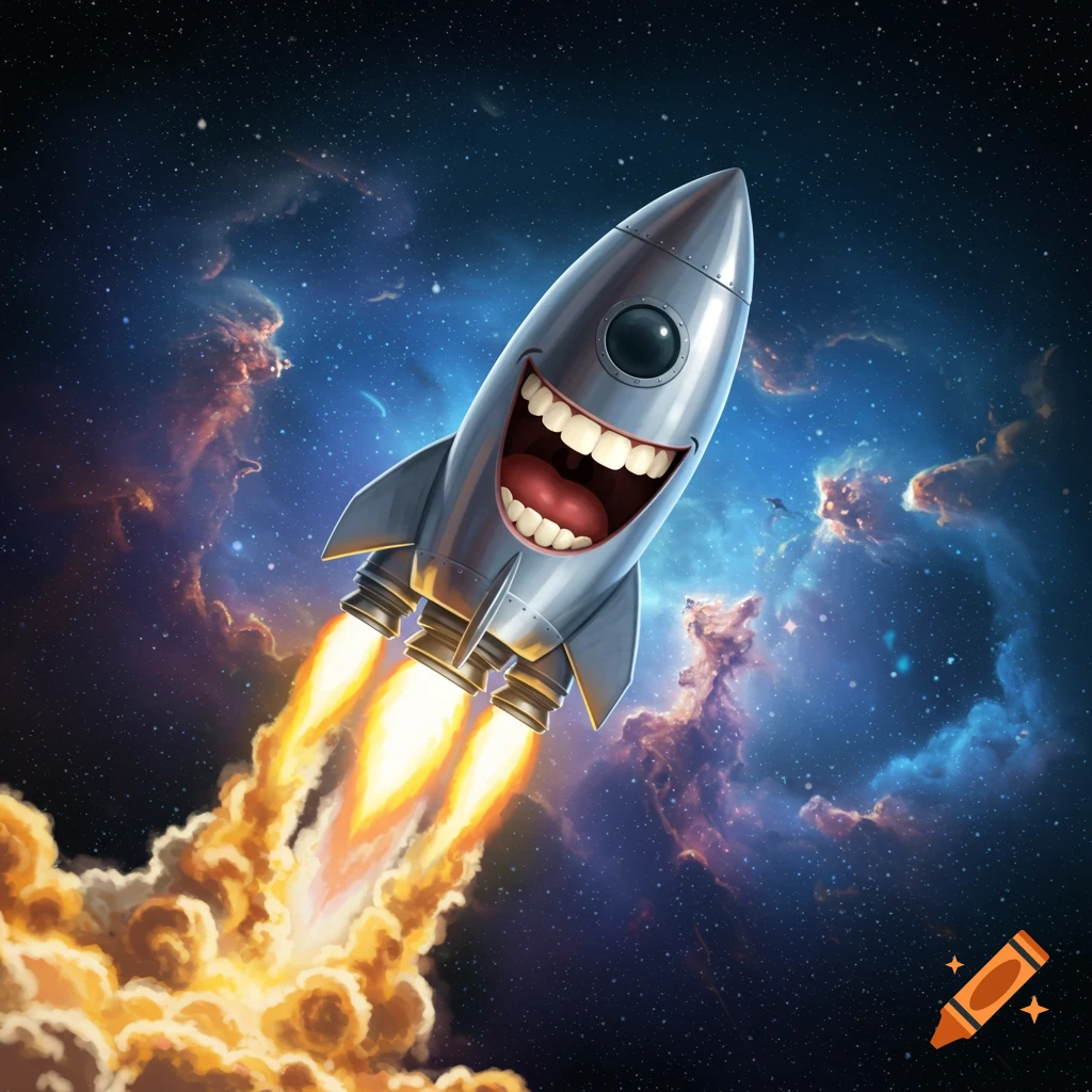 A cartoon rocket with a wide smiling mouth blasts off through space, leaving a fiery trail.