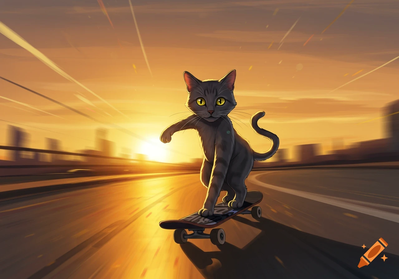Cartoon gray cat skateboarding down a street at sunset with city buildings in the blurred background.