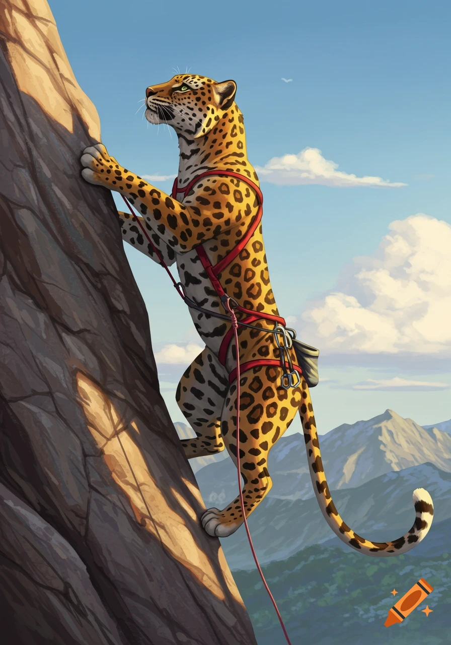 An illustrative image of a leopard in a red climbing harness scaling a rock face against a blue sky with mountains.