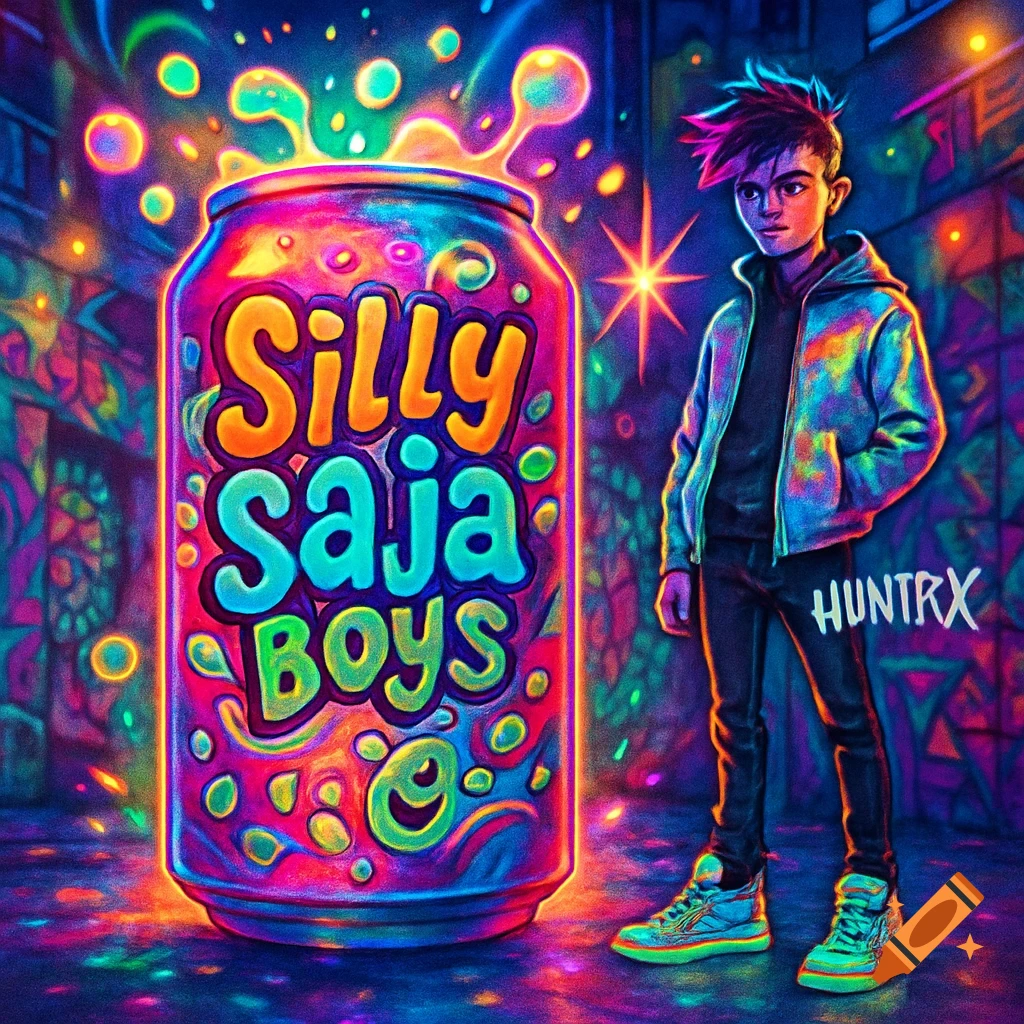 A stylized, vibrant, neon-lit illustration of a boy with spiky hair standing next to a giant soda can labeled "Silly Saja Boys" in an urban setting.
