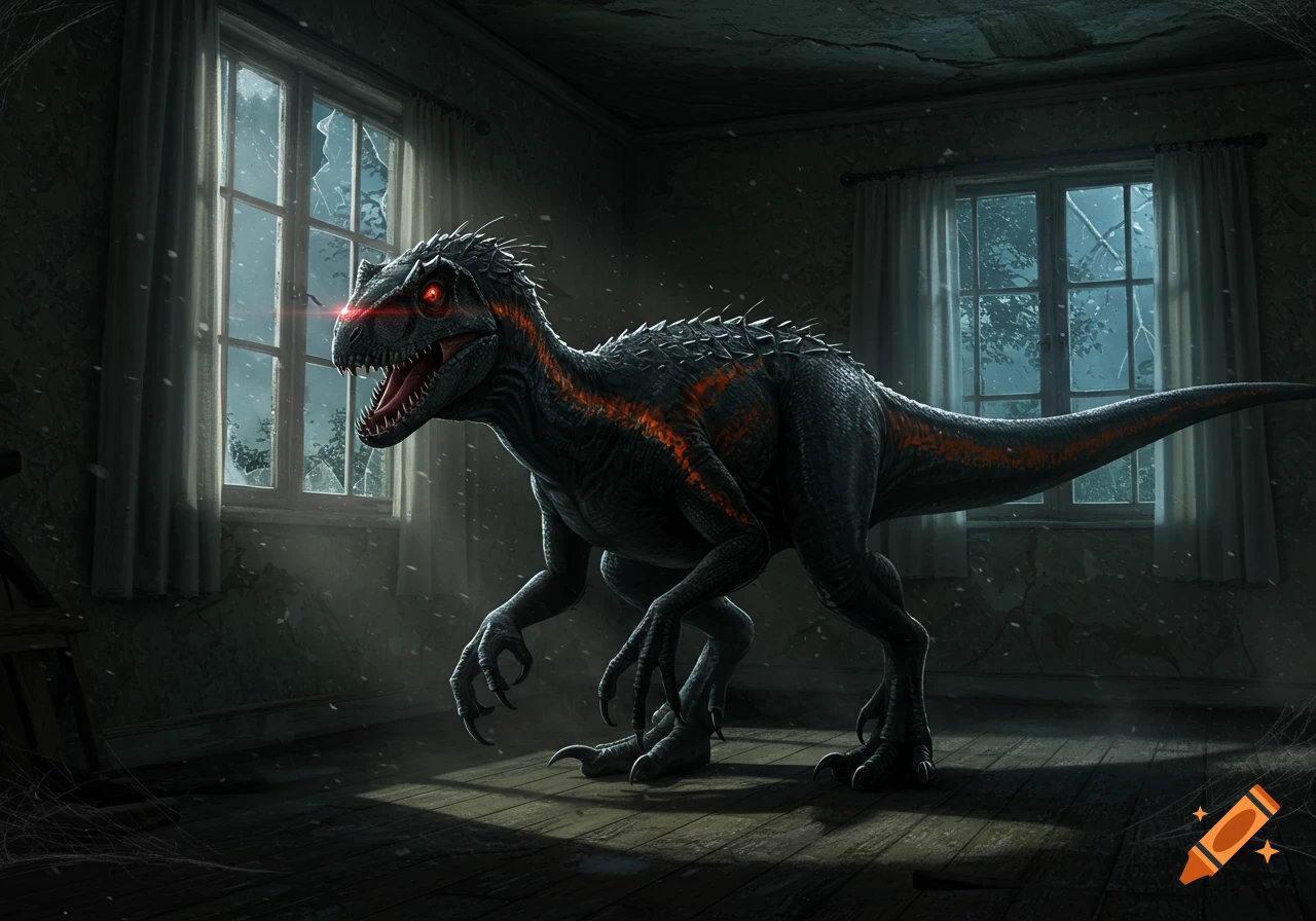 A menacing Indoraptor with glowing red eyes stands in a dark, dilapidated room with broken windows, looking out.