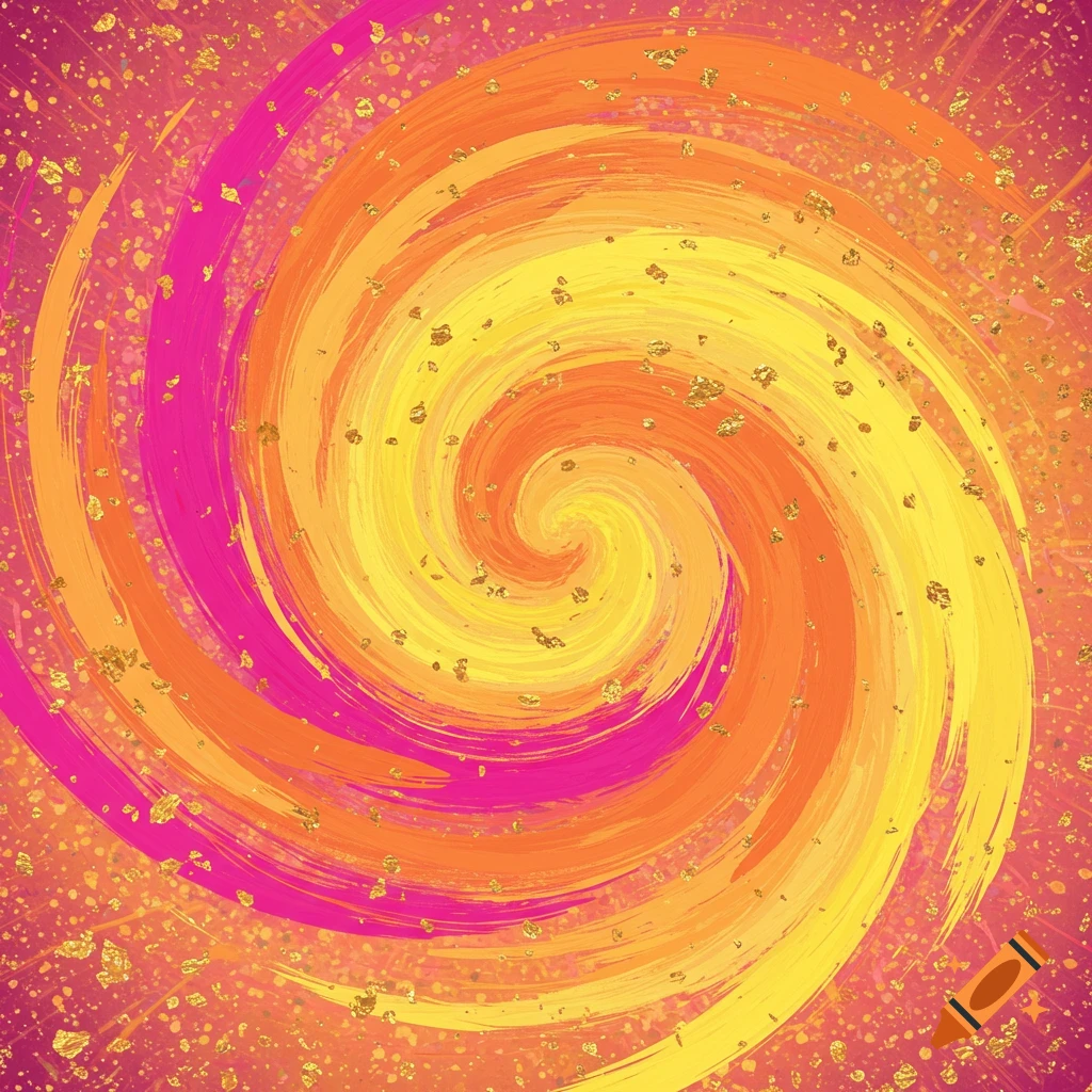 Vibrant abstract swirl of pink, orange, and yellow with golden flecks and brushstrokes, digital painting.